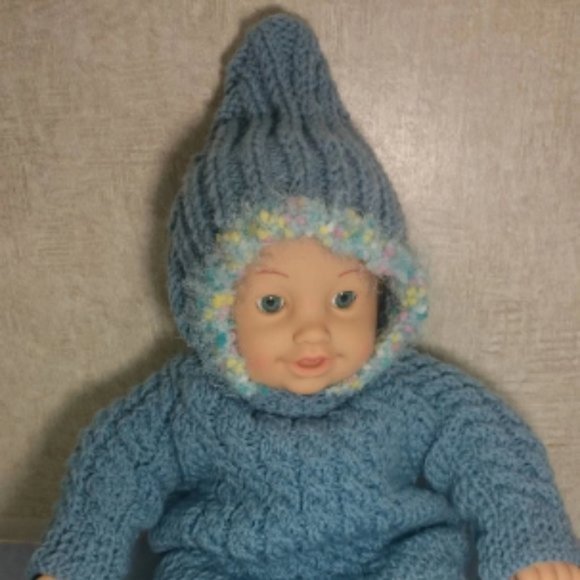 Hand Made Knit Blue Hooded Baby Back Zipper Sweater Newborn Winter Spring Fall